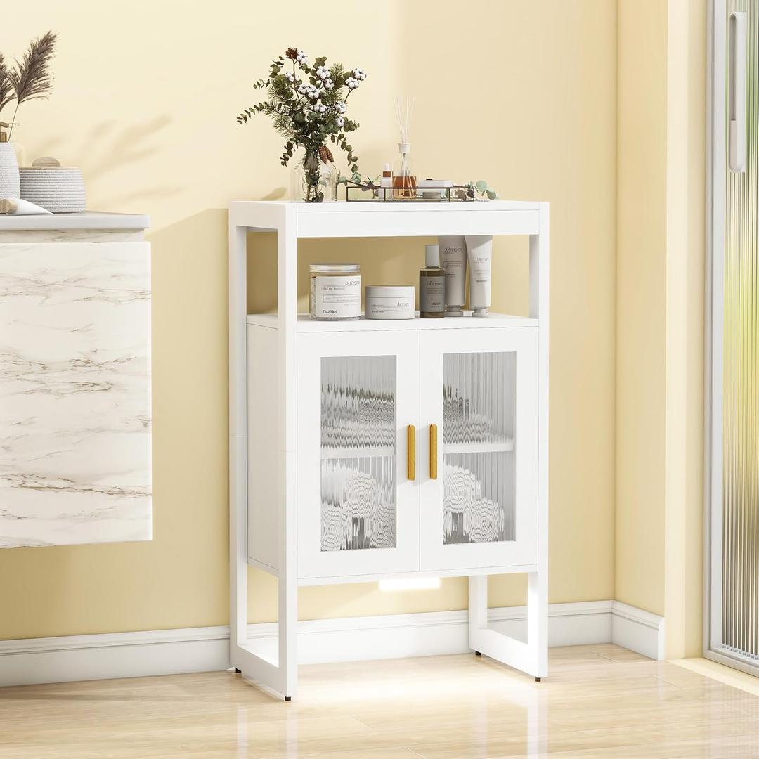 Bathroom Floor Storage Cabinet Freestanding Organizer with Sensor Light & Acrylic Doors for Bathroom, Home Office, Bedside, Sofa Side Table, 11.61"D x 25"W x 35.43"H
