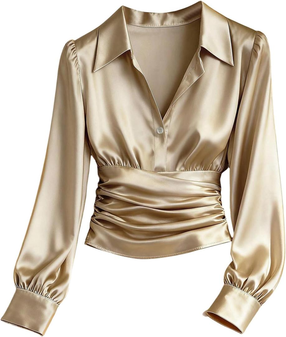 GORGLITTER Women's Satin Long Sleeve Blouse Button Down Ruched Cinched Waist Dressy Casual Business Work Tops (Khaki), Small