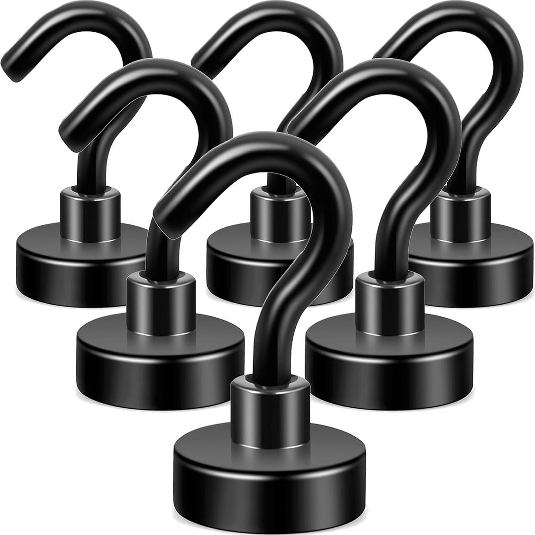 Neosmuk Black Magnetic Hooks, 30lb+ Heavy Duty Earth Magnets with Hook for Refrigerator, Extra Strong Cruise Hook for Hanging, Magnetic Hanger for Curtain, Grill (Black, Pack of 6)