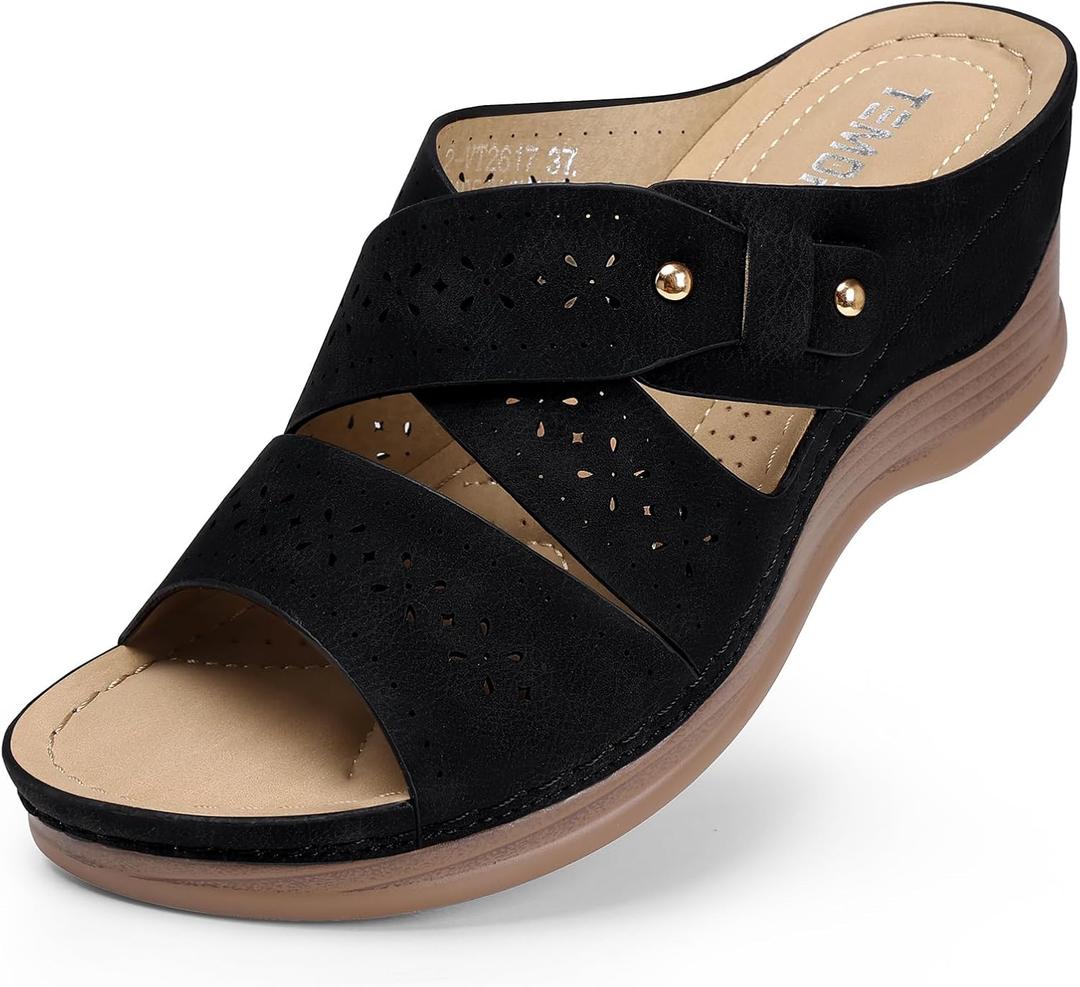 TEMOFON Wedge Sandals for Women Summer: Dressy Low Heel Sandals Black/Navy/White, Comfortable Walking, Arch support, Casual Slip on Summer Shoes, Size 8.5