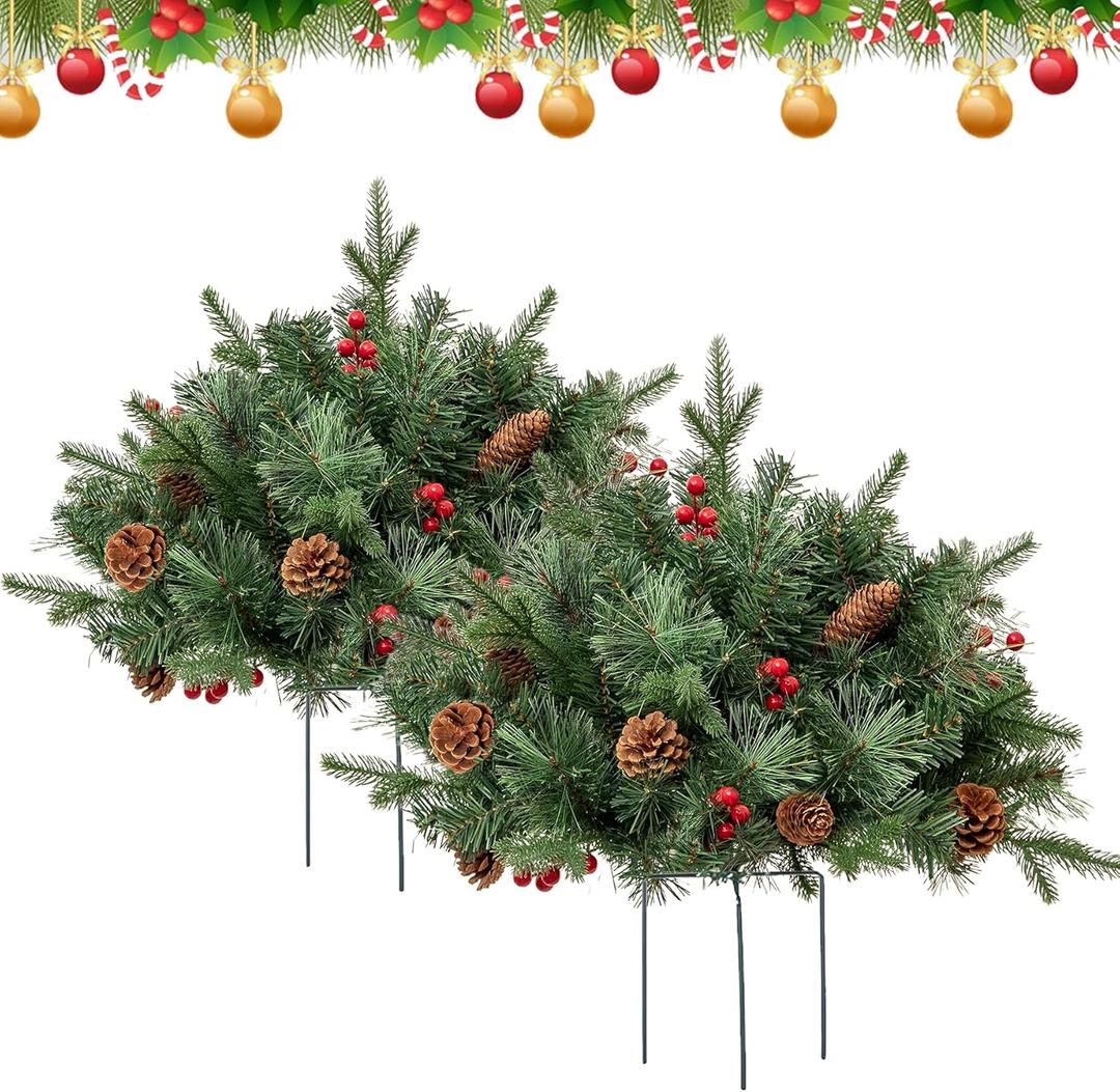 Pre-Lit Artificial Christmas Tree Urn Filler, Lighted Holiday Planter Filler with LED Lights, Tripod Stake, with Cones & Red Berries, Christmas Porch Decorations for Home, Porch & Yard (2PCS-D)