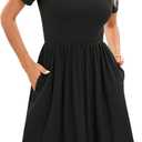2024 Women's Summer Casual Short Sleeve Pleated A-Line Midi Loose Fit Swing Dresses T-Shirt Flowy Sundress with Pockets Black, X-Large (Black, XL)