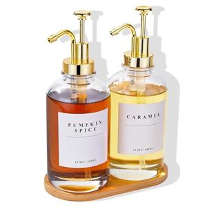 Coffee Syrup Dispenser for Coffee Bar, Coffee Syrup Pump Dispenser, Glass Syrup Bottle with Gold Upgraded Pump, 2 Pack 16.9 oz 500 ml Syrup Dispensers, 28 Labels and Bamboo Tray