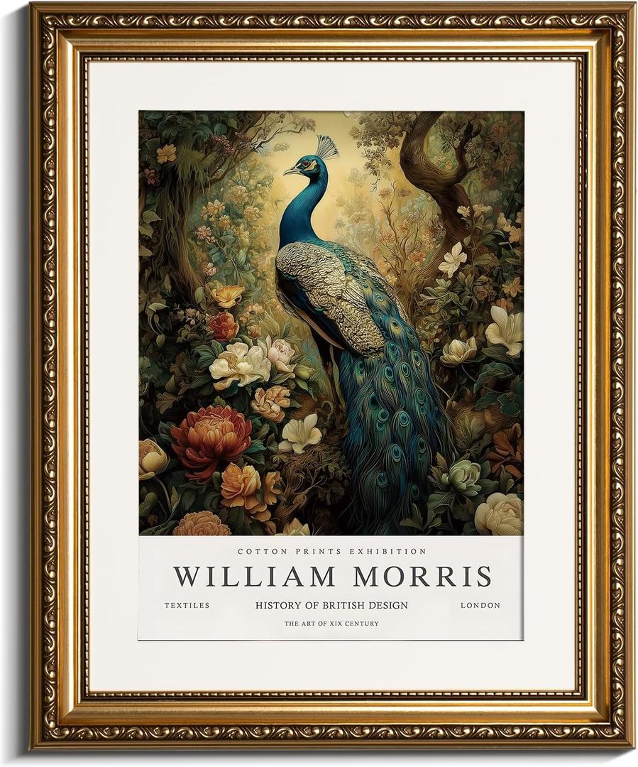 InSimSea Retro Gold Framed Wall Art, William Morris Peacock Canvas Prints Art, Small Shelf Decor, 13x16inch, Vintage Pictures Decor for Bedroom Bathroom Dining Room