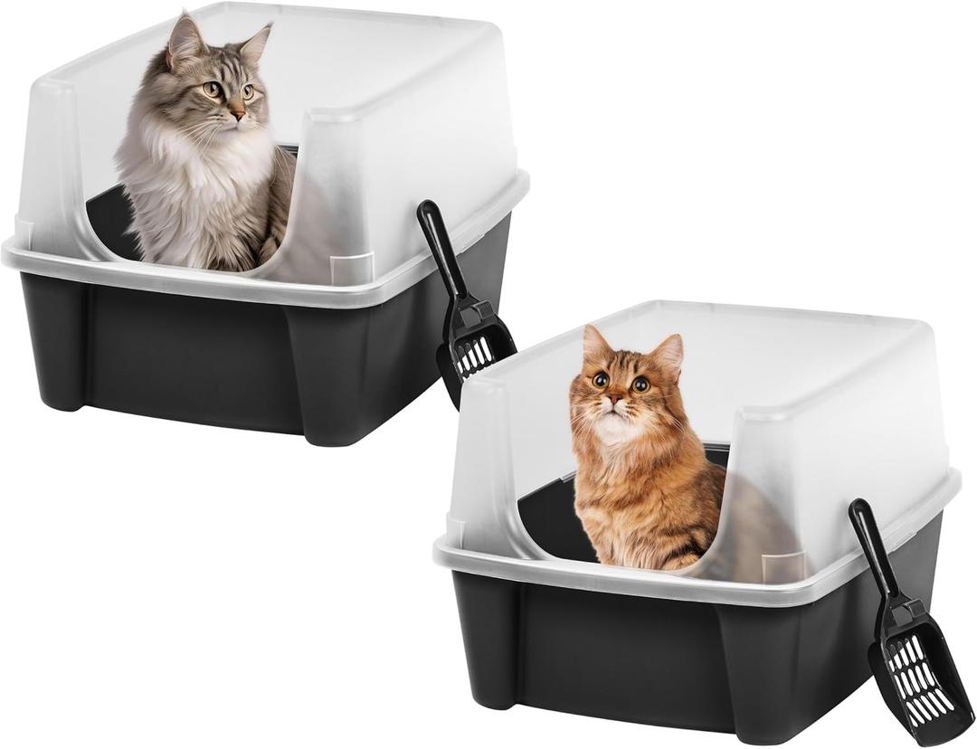 IRIS USA High Sided Cat Litter Box, Scatter Shield, Large, Black 2 Pack