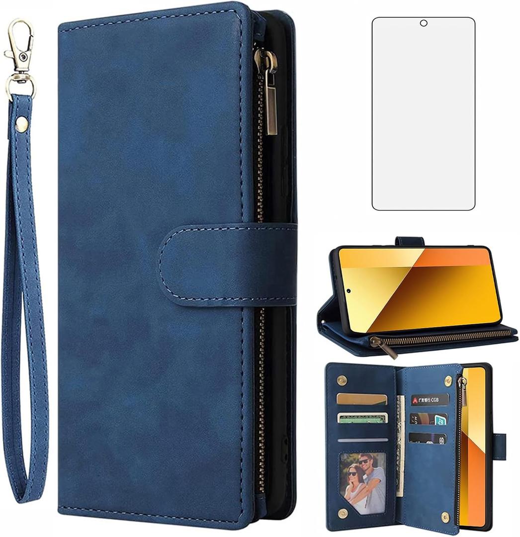 Asuwish Compatible with Xiaomi Redmi Note 13 Pro 5G Wallet Case Tempered Glass Screen Protector and Leather Flip Cover Card Holder Stand Cell Accessories TPU Phone Cases for Note13Pro Women Men Blue