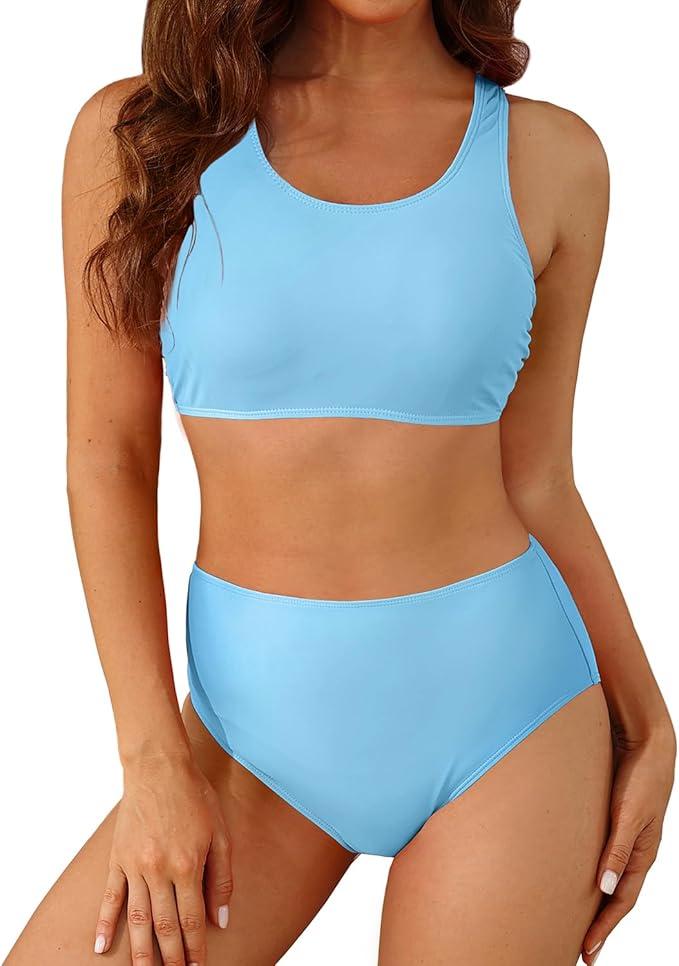 Holipick Women High Waisted Two Piece Bikini Sports Crop Top Swimsuit Scoop Neck Bathing Suit for Teen Girls with Bottom (Medium)