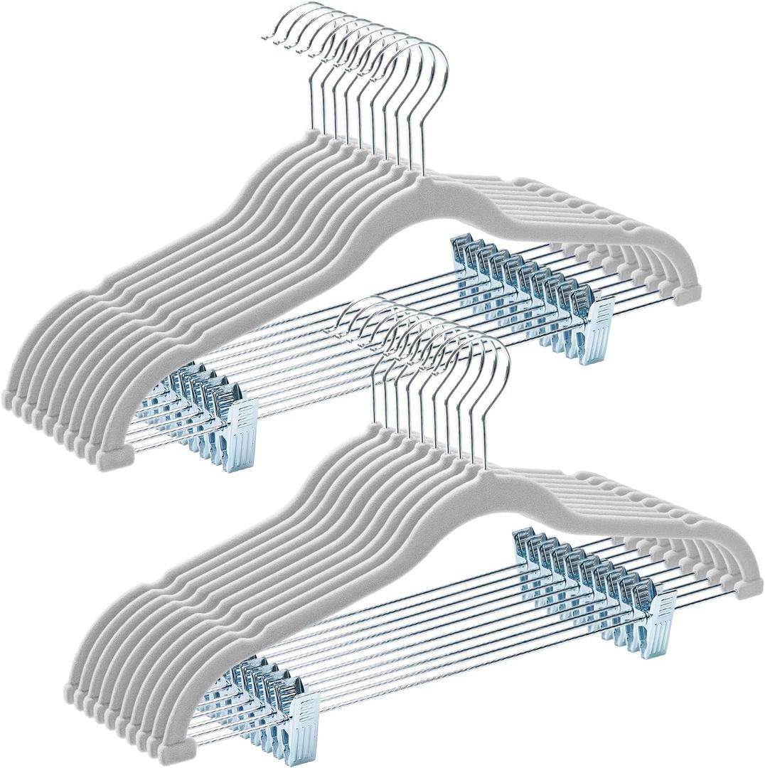 HOUSE DAY Velvet Hangers with Adjustable Clips 20 Pack, Non-Slip Suit Organizer with 360 Hook - Heavy Duty Hanger for Pants, Skirts, Blouses, Dresses - Outfit Hangers All-Season Space Saver (Grey) (Gray)