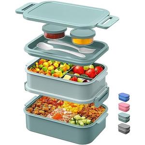 DaCool Lunch Box Adults Bento Box 74 OZ All-in-One Stackable Lunch Box Containers for Adult Large Bento Box with Fork Spoon Sauce Boxes, Leakproof Lunchbox for Work School Dining Out, Morandi-Green