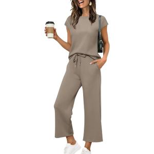 Sampeel Two Piece Sets for Women Summer Vacation Outfits Cap Sleeve Tops Lounge Matching Sets Clothing Beach Fashion Clothes (Medium, Coffee)