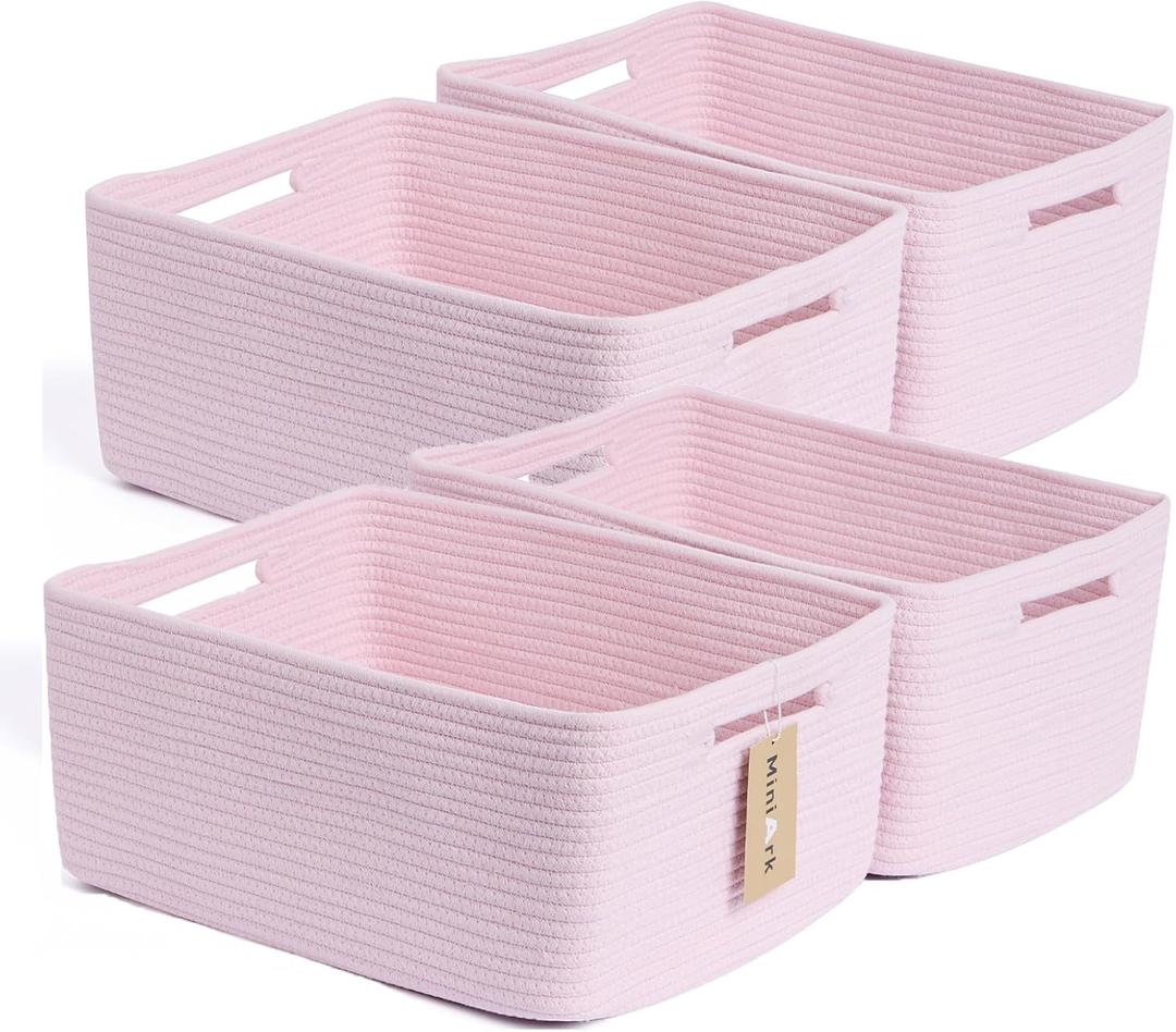 MiniArk Large Storage Baskets for Organizing, Closet Shelf Baskets for Clothes Blanket Towels, Baby Nursery, Toy Bins Box, Woven Rope Baskets, 17 x 13 x 7.5, 4 Packs Light Pink