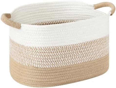 13"x10"x9" Cotton Rope Storage Basket, Woven Baskets with Handles for Organizing Home Office, Shelves, Nursery, Laundry, and Toys,Empty Gift Basket (Khaki/White, 1 Pack)