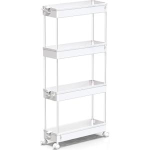 SPACEKEEPER Slim Rolling Storage Cart 4 Tier Bathroom Organizer Mobile Shelving Unit Utility Cart Tower Rack for Kitchen Laundry Narrow Places, White