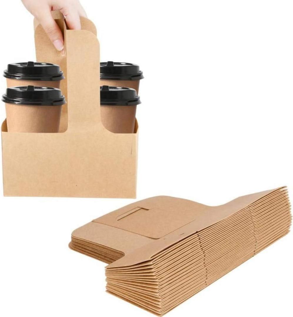 Kaderron 40 Pack Kraft Drink Carrier with Handles - 2 Cups or 4 Cups Assemblable Disposable Paperboard Drink Holders Great for All Your Drink and Food Delivery(2 Cup-40 Pack)
