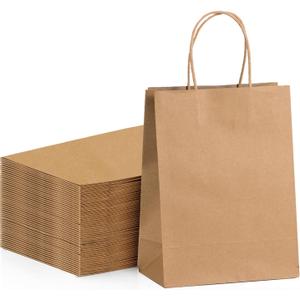 FACEBAG 100-Pack Brown Paper Bags with Handles, 8x4.25x10.5 Inch Kraft Gift Bags, Applicable to Birthday, Retail, Party, Shopping, Festival, Reusable & Durable