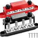 250A 12V Bus Bar Marine 12V,Power Distribution Block with Cover with 4 x 3/8Post 6 x #8 Screws Terminals,Battery Bus Bar with 4PCS Battery Lugs and 4PCS Heat Shrink Tubing for Car Boat Solar Wiring