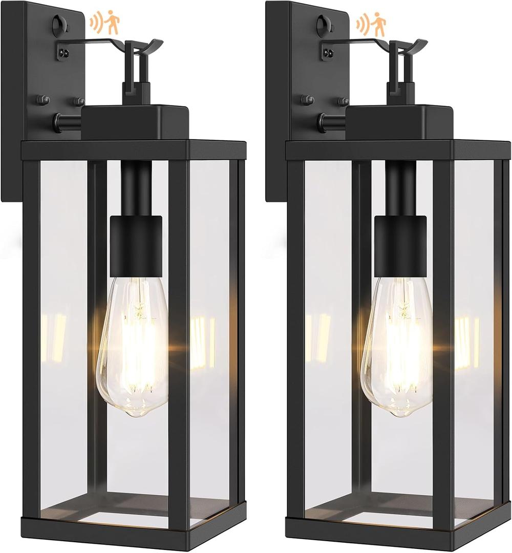 BesLowe 16 Upgraded Motion Sensor Outdoor Wall Lights, Dusk to Dawn Porch Lights Outdoor Wall Sconces, 3 Lighting Modes Exterior Lighting Fixtures with Hooks, Black Outside Lights for House, 2-Pack