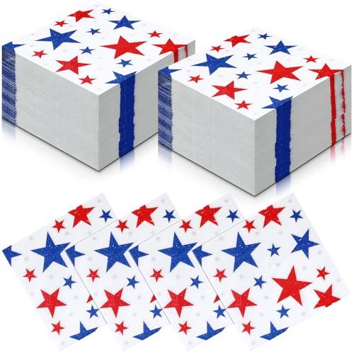 Nuanchu 200 Pcs American Flag Napkins 4th of July Patriotic Red White and Blue Disposable Paper Cocktail Napkins for Veterans Day Election Independence Day Decorations(Square Star)