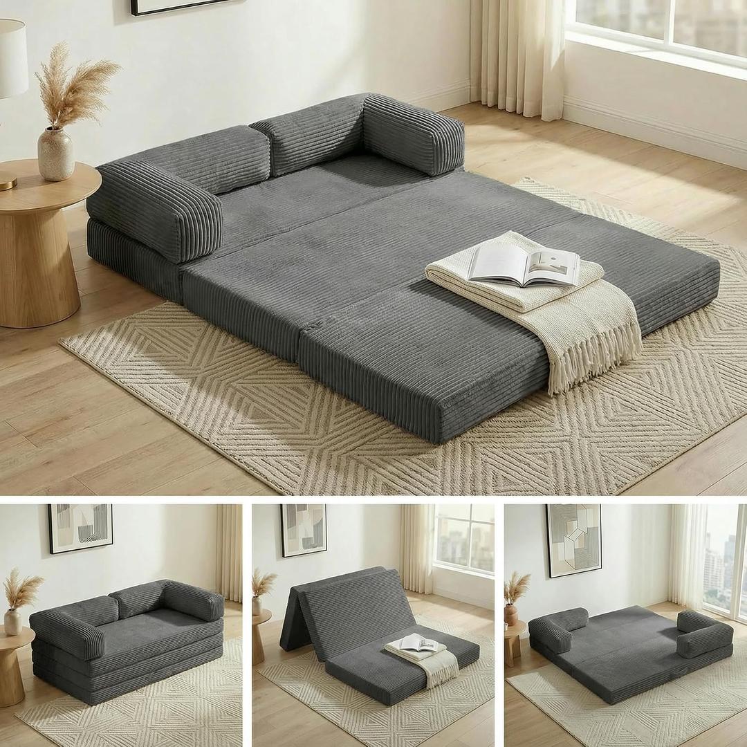 Convertible Sofa Bed,5-in-1 Tri-Fold Boneless Couch with Removable Armrests & Handle,Corduroy Futon Sleeper Sofa,Floor Folding Mattress Pull Out Bed for Small Space Apartment Living Room Bedroom