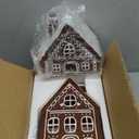 Funnymoom 2 Sets Lighted Ceramic Iced Gingerbread Houses Christmas Decorations Indoor Pre Lit LED Gingerbread Houses Christmas Kitchen Tabletop Decor for Table Centerpiece Xmas Holiday Party Gifts