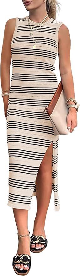 PRETTYGARDEN Women's Summer Bodycon Sundresses Casual Midi Sleeveless Hollow Out Knit Side Slit Striped Long Tank Dress Small