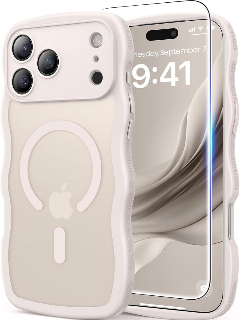 DOMAVER for iPhone 17 Pro Max Case for Women, 1X Screen Protector+1X Wrist Strap, [Compatible with MagSafe] [Full Camera Protection] Cute Wave Matte Phone Case for iPhone 17 Pro Max, Stone White