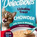 Delectables Lickable Treat Chowder Senior 10+ Wet Cat Treat with Real Tuna & Whitefish, Food Topper, Hydrating, Grain-Free, No Fillers, By-Products, Added Preservatives, 1.4oz Pouch, 12ct, BBD: SEP 18/2027
