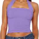 ForeFair Women Halter Neck Backless Crop Top Sexy Y2K Sleeveless Tank Top Open Back Slim Fit Tops (Light Purple) M