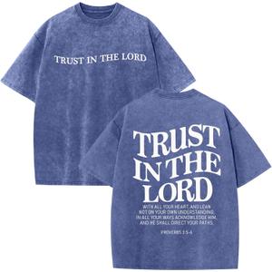 Mens Oversized Christian Shirts God Faith Jesus Religious Tshirts Trust in The Lord Bible Verse Tees Acid Wash Tops (Medium, Blue)