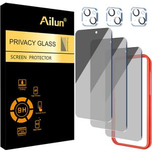 Ailun 3 Pack Privacy Screen Protector for iPhone 15 [6.1 inch] + 3 Pack Camera Lens Protector with Installation Frame, Anti Spy Private Tempered Glass Film, Case Friendly, [9H Hardness] - HD