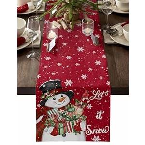 Christmas Table Runner Linen Dresser Scarves 13x70in, Red Snowman Xmas Gift Washable Burlap Table Runners Tabletop Scarf for Holiday Party Dining Tables Decor, Cardinal Garland Snowflake