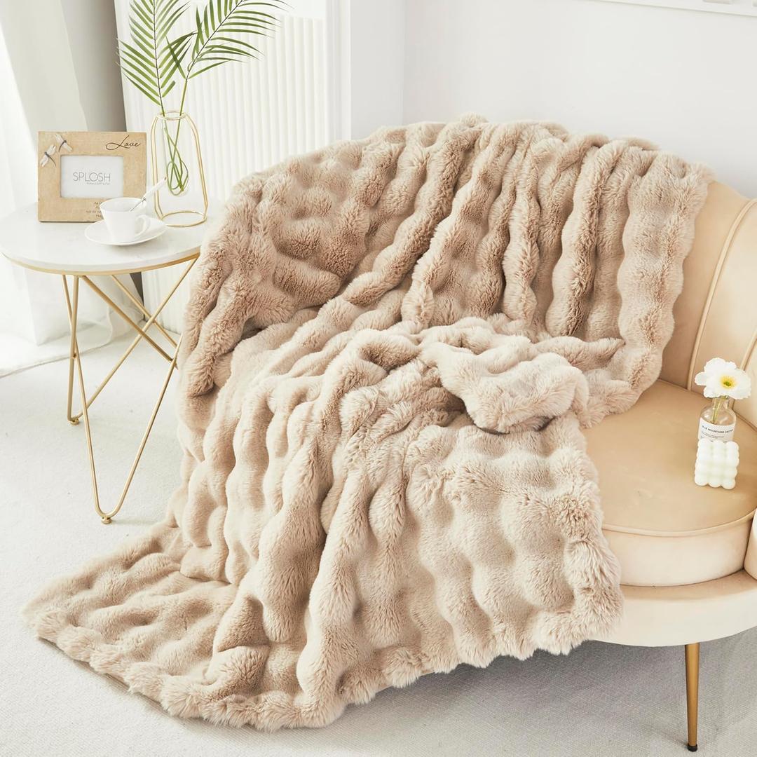 RYNGHIPY Faux Fur Blanket Fluffy Warm Throw Blanket for Sofa Couch Decorative Bed Blanket for Bedroom Living Room Bubble Blanket (Camel, 63''x79'')