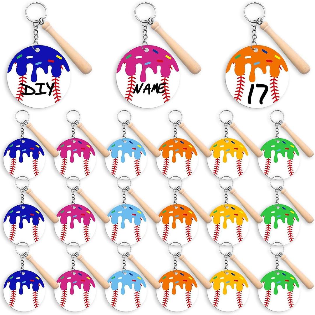 18 Set Ice Cream Drip Baseball Keychain with Mini Wooden Bat, DIY Acrylic Baseball Keychain Blanks Kit for Baseball Dripping Theme Party Team Gifts Travel Bag Luggage Suitcase(Baseball, Multi-color)