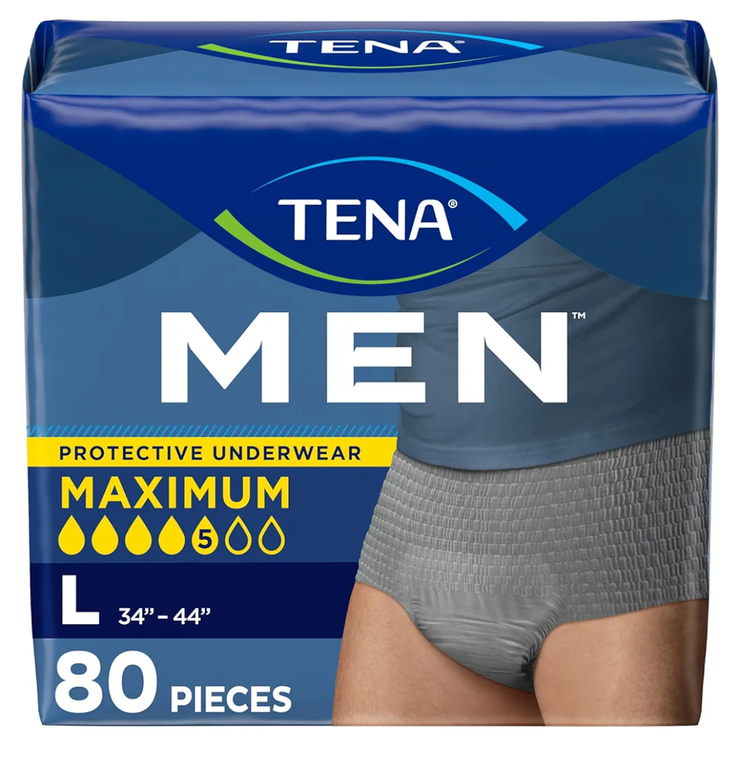 TENA Protective Incontinence Underwear for Men, Maximum Absorbency, Disposable Men's Underwear, Large, Grey, 80 Count
