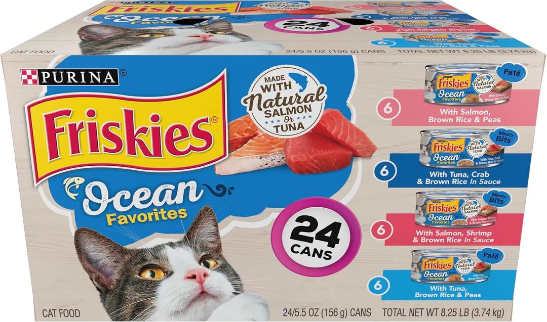 Purina Friskies Ocean Favorites Wet Cat Food Pate and Meaty Bits Variety Pack With Salmon and Tuna - (Pack of 24) 5.5 oz. Cans (EXP 03/01/27)
