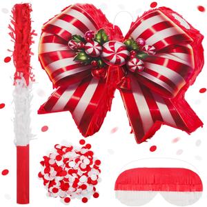Red Christmas Bow Piata 15 Inch Candy Cane Bow Piata with Bat Blindfold and Confetti for Birthday Christmas Holiday Party Decorations Xmas Party Game Supplies