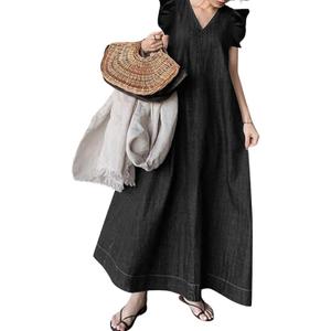 utcoco Womens Long Denim Dress Casual Loose Fit Ruffle Sleeveless V-Neck Jean Maxi Dresses for Women 2025 (Medium, Black)