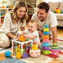4 in1 Montessori Toys for 1 Year Old,17 Pcs Boys Girls 1st Birthday Gifts, Stacking Cups,Shape Sorter,Multi Sensory Shapes for Babies Early Educational Baby Travel Toys for Toddler 6-12 Months