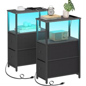 TUTOTAK Small Narrow LED End Table with Charging Station, Side Table Outlets, Nightstand with 2 Cloth Drawers, Set of 2, Couch Table, for Living Room, Bedroom, Bedside, Charcoal Grey TB01BY056