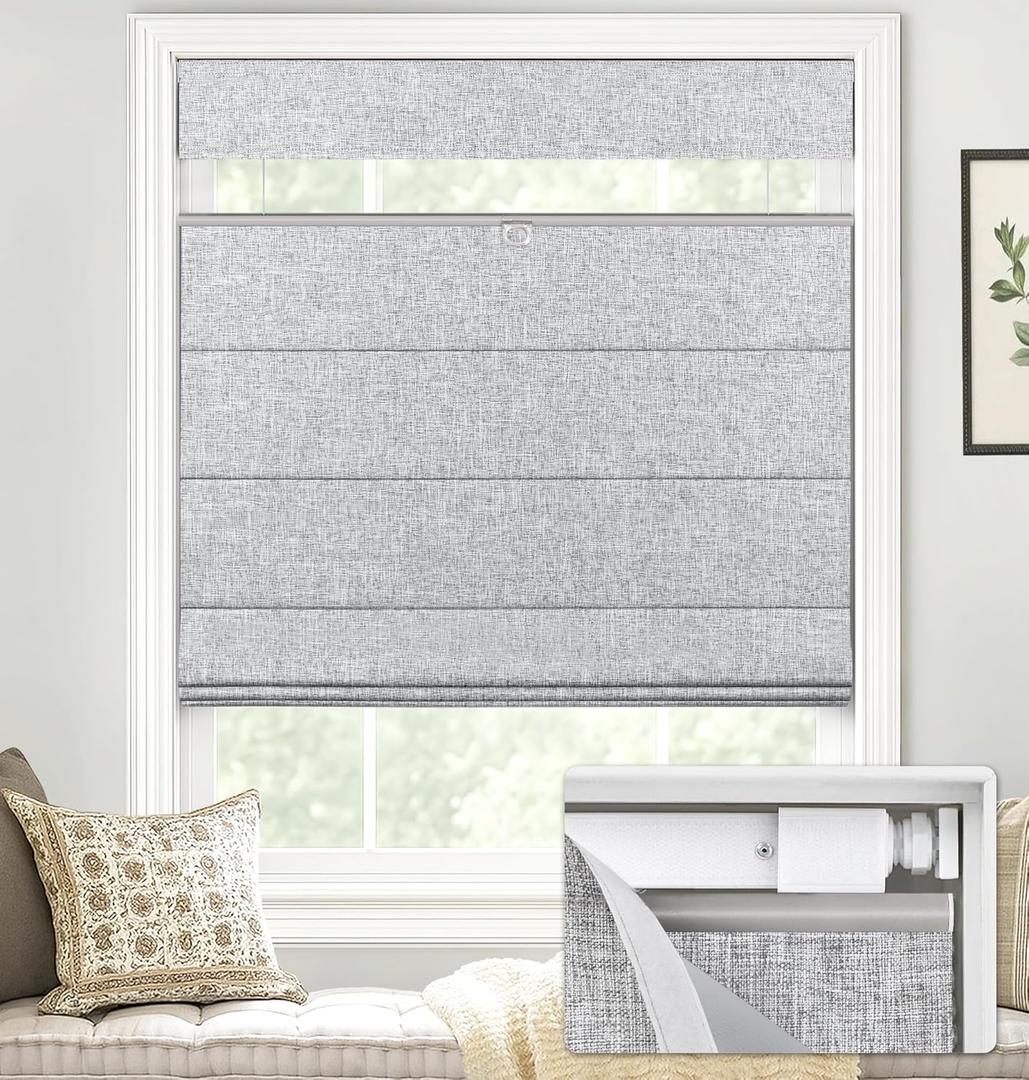 LazBlinds No Tools No Drill TDBU Cordless Roman Shades for Window, Thermal Insulated UV Blocking, 100% Blackout Fabric Blinds for Bedroom & Living Room, 28" W x 64" H, Blackout - Grey