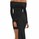 Ophestin Off The Shoulder Mesh Dress Long Sleeve Ruched Bodycon Dress for Women Tie Waist Dresses, Size M
