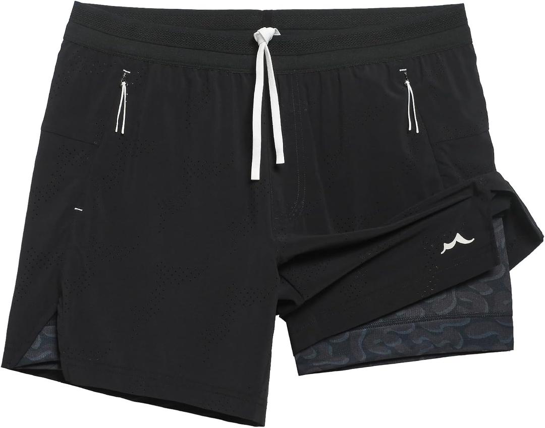 maamgic Mens 2 in 1 Running Shorts 5" Gym Workout Shorts with Zipper Pockets (X-Large, Black Print)