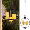 Battery Operated Outdoor Candle Chandelier - Black and Gold Metal Globe Hanging Pendant Light with 3 Flameless Candles, 12.6" Waterproof Lights for Gazebo, Pergola, Garden, Porch & Backyard