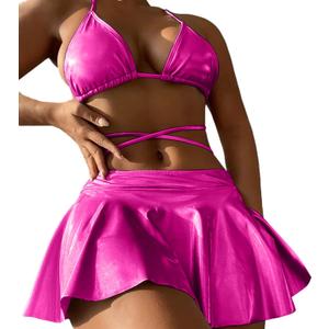 Rave Outfits for Women - Party Club Music Festival Metallic Bikini Sexy Halter Bathing Suit Holographic Beach Skirt(Rose, L, 1016a)