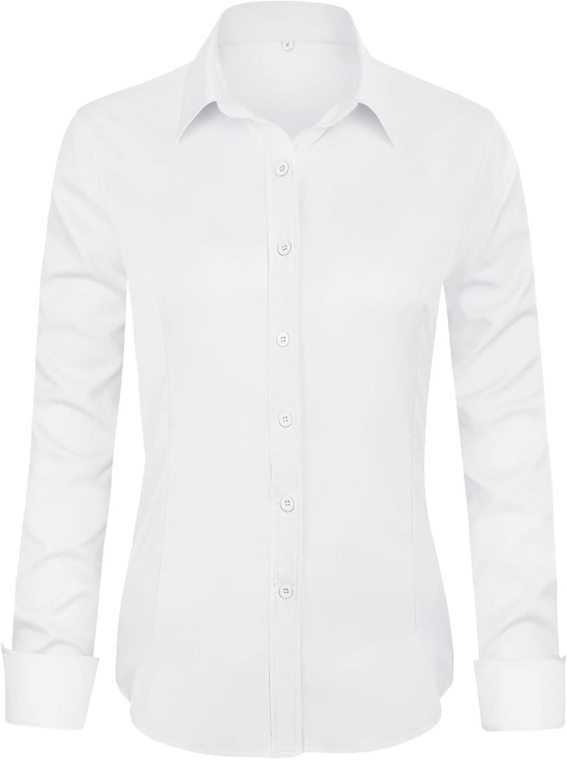 Women's Long Sleeve Button Down Dress Shirts, Solid Formal Work Dress Tops, Classic-Fit Dress Business Office Shirts (Large, White)