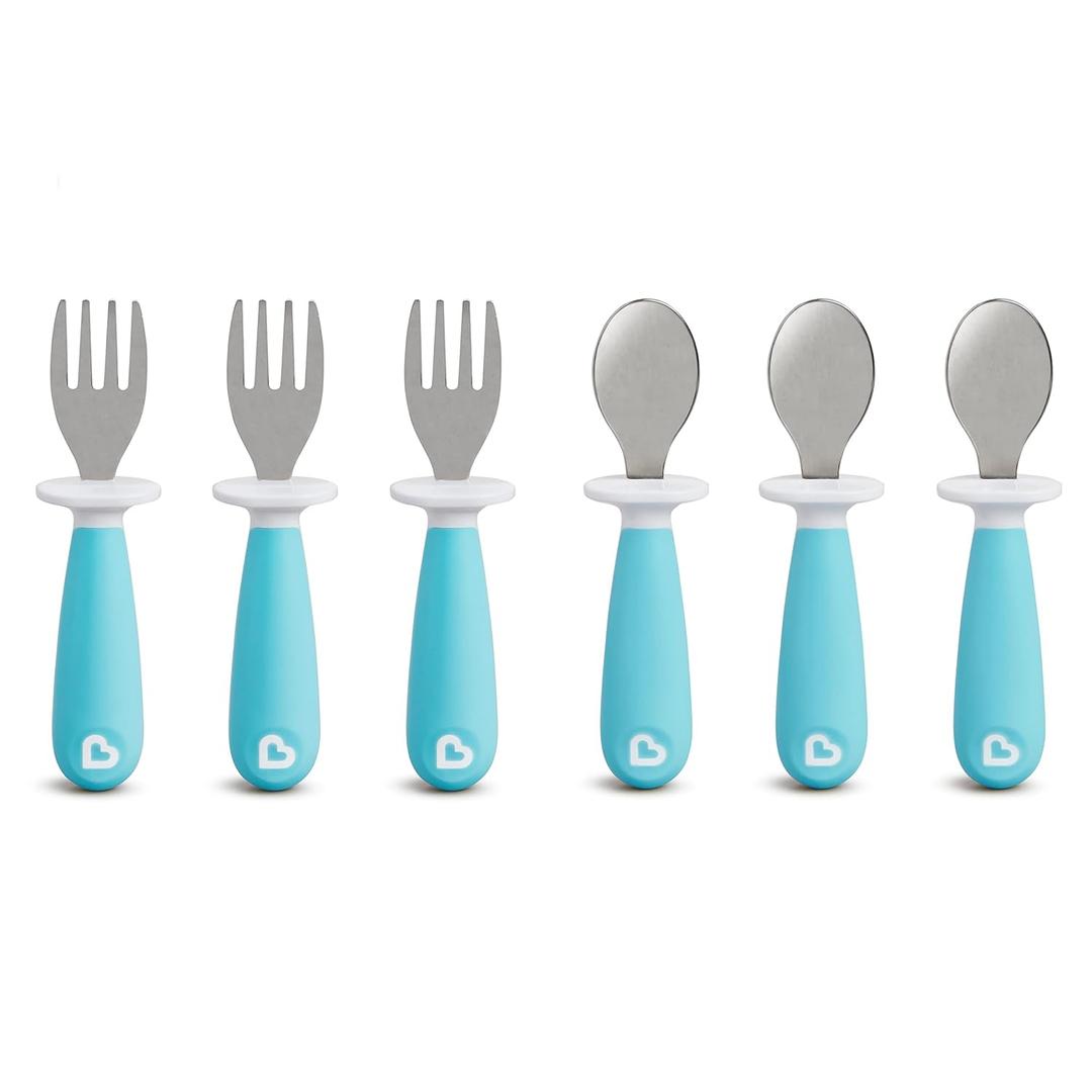 Munchkin Raise Toddler Fork and Spoon Utensil Set, Rest Keeps Tip Off Table, BPA Free, 6 Pack, Blue