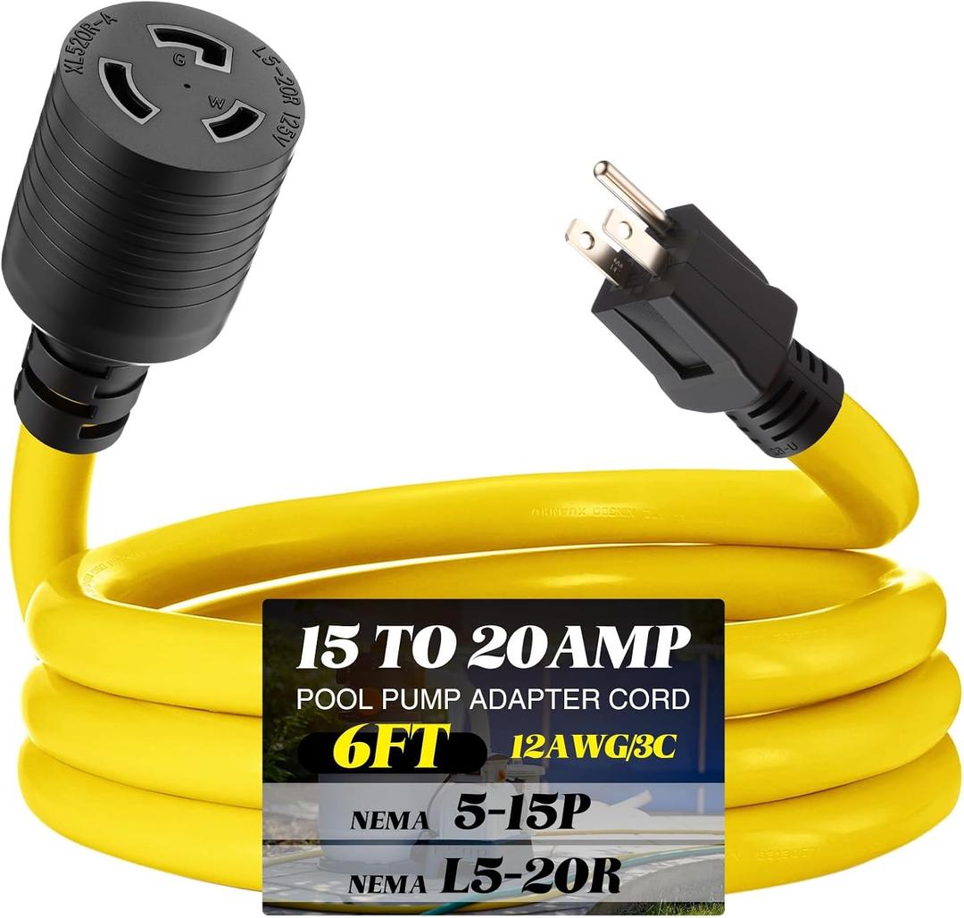 Kanayu 6ft 12awg Pool Pump Adapter Cord Compatible with NEMA 5-15p to L5-20r, 3 Prong 15a Household Male Plug to 3 Prong 20a Locking Female Receptacle, 125v 1875w for RV Generator Welder, ETL Listed
