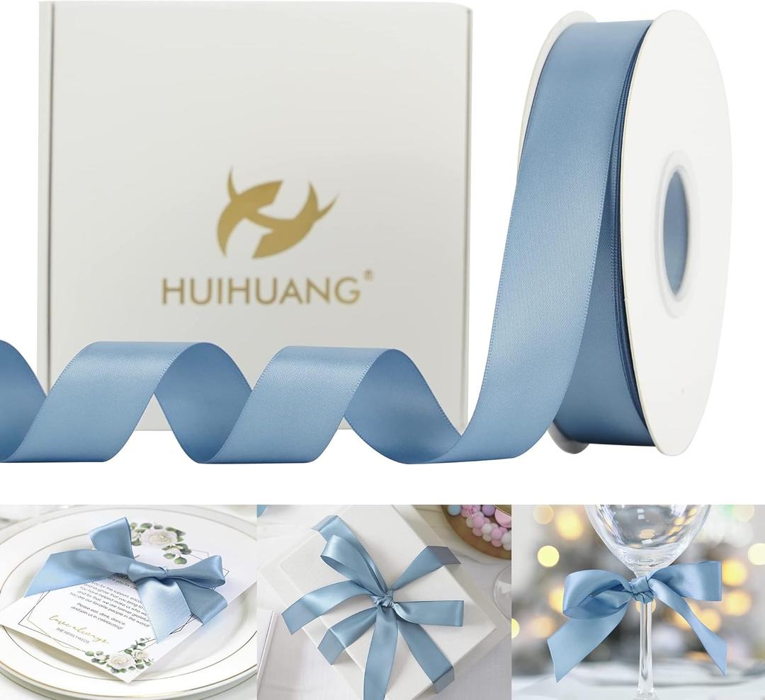 HUIHUANG Dusty Blue Satin Ribbon 50 Yards Double Faced Satin Ribbon 1 inch Blue Silk Ribbons for Gift Wrapping Bows Crafts Bridal Floral Bouquet Cake Wedding Invitation Card Birthday Party Decor