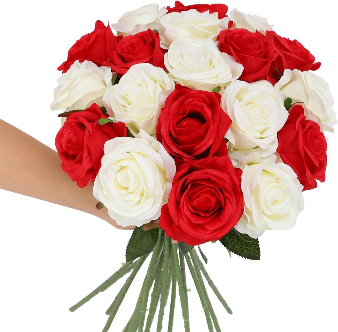 Tifuly Roses Artificial Flowers - 12 pcs Realistic Long Stem Fake Roses Mashup Style Silk Roses for DIY Bouquets Wedding Centerpieces Arrangements Home Party DecorWhite & Red