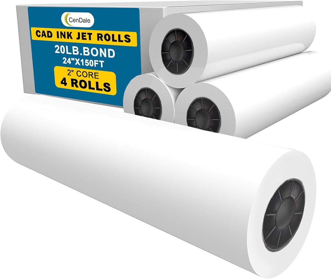 Wide Format Paper 24" x 150' - 4 Rolls Plotter Paper, 20lb CAD Bond Rolls on 2" Core, Printing paper for Inkjet HP, Canon, Epson Printer, Acid-free Bond Rolls for Blueprint, Poster, Drafting